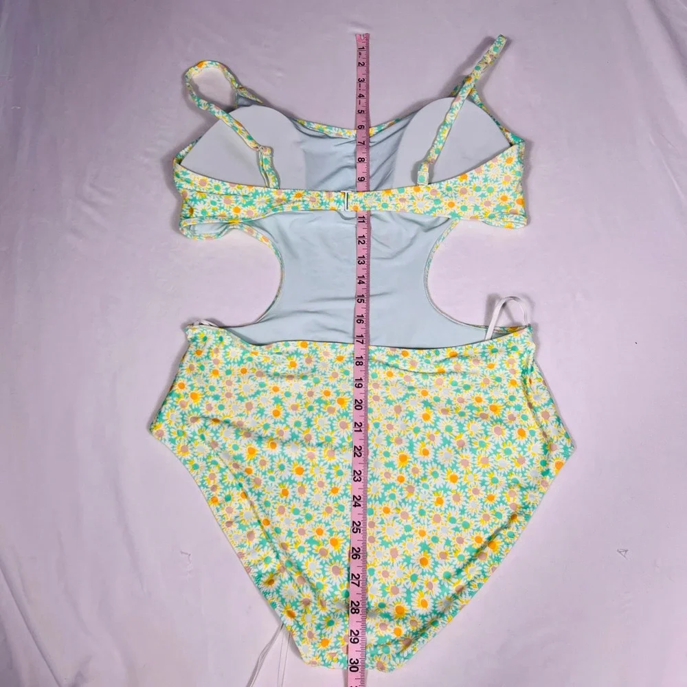 Aerie Real Good Daisy Floral Cutout One Piece Swimsuit XL Green Yellow White NWT